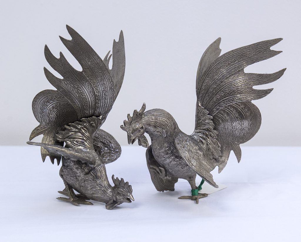 Pair Of Decorative Fighting Roosters, French Animal Sculptures.