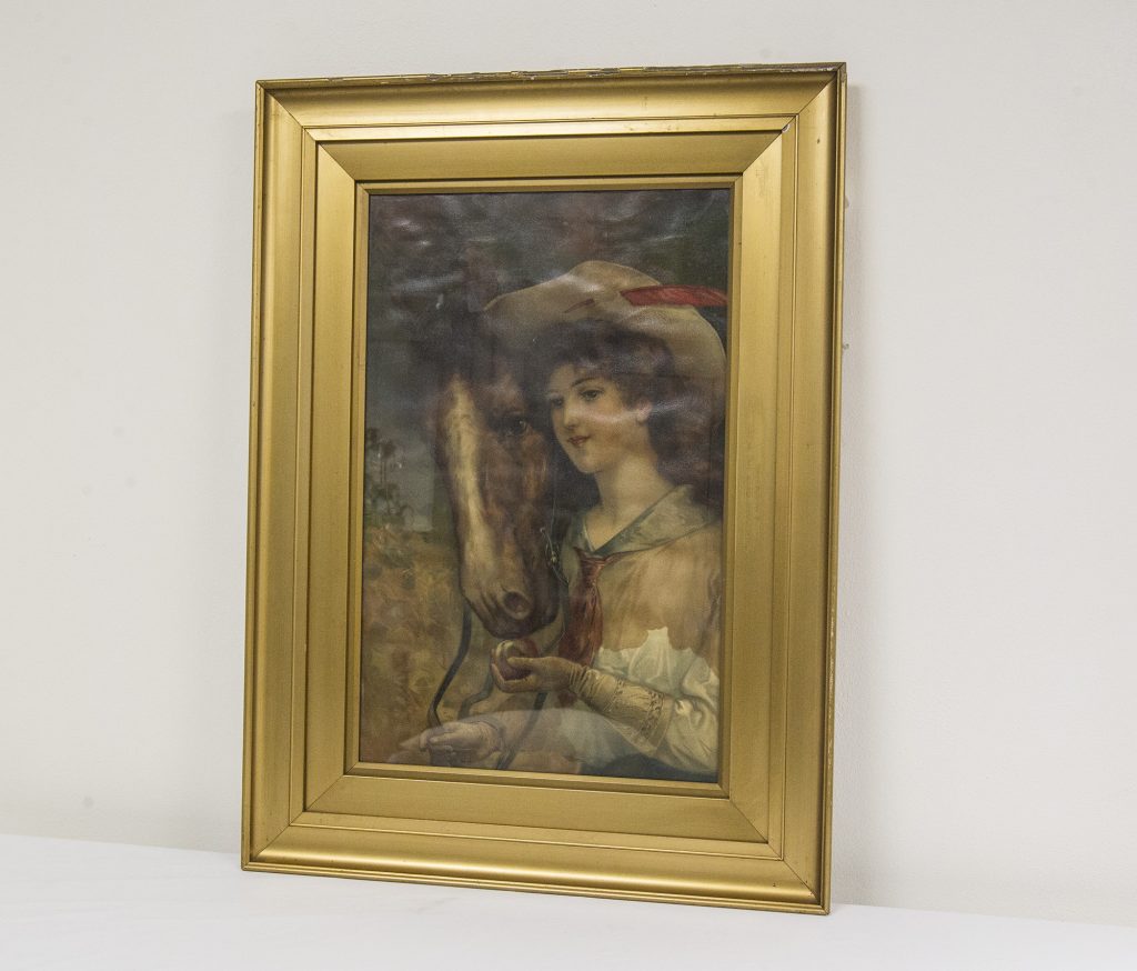 Vintage Picture Of Girl & Horse In Gold Frame