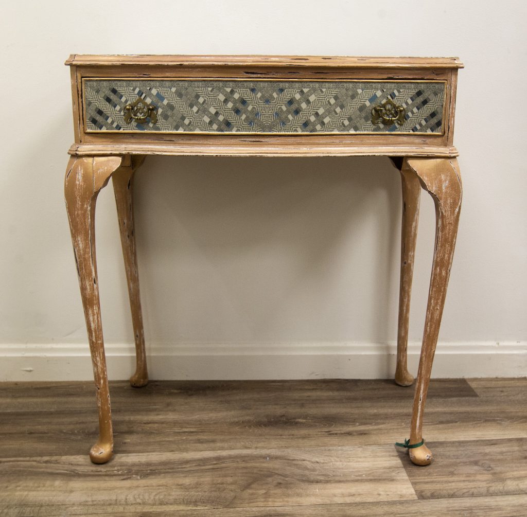 Decoupage One Drawer Table Decorated With Hand-painted Wallpaper In Aztec Print In Hues Of Sage, Blue & Stone With Natural Distressed Legs