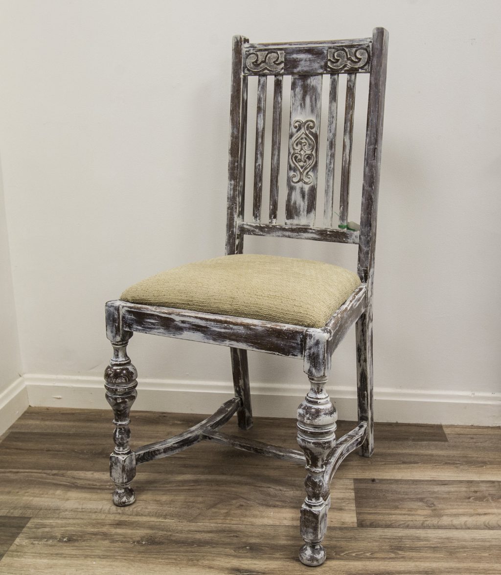 Vintage Lime Washed Oak Occasional Chair With Sand Coloured Fabric Seat