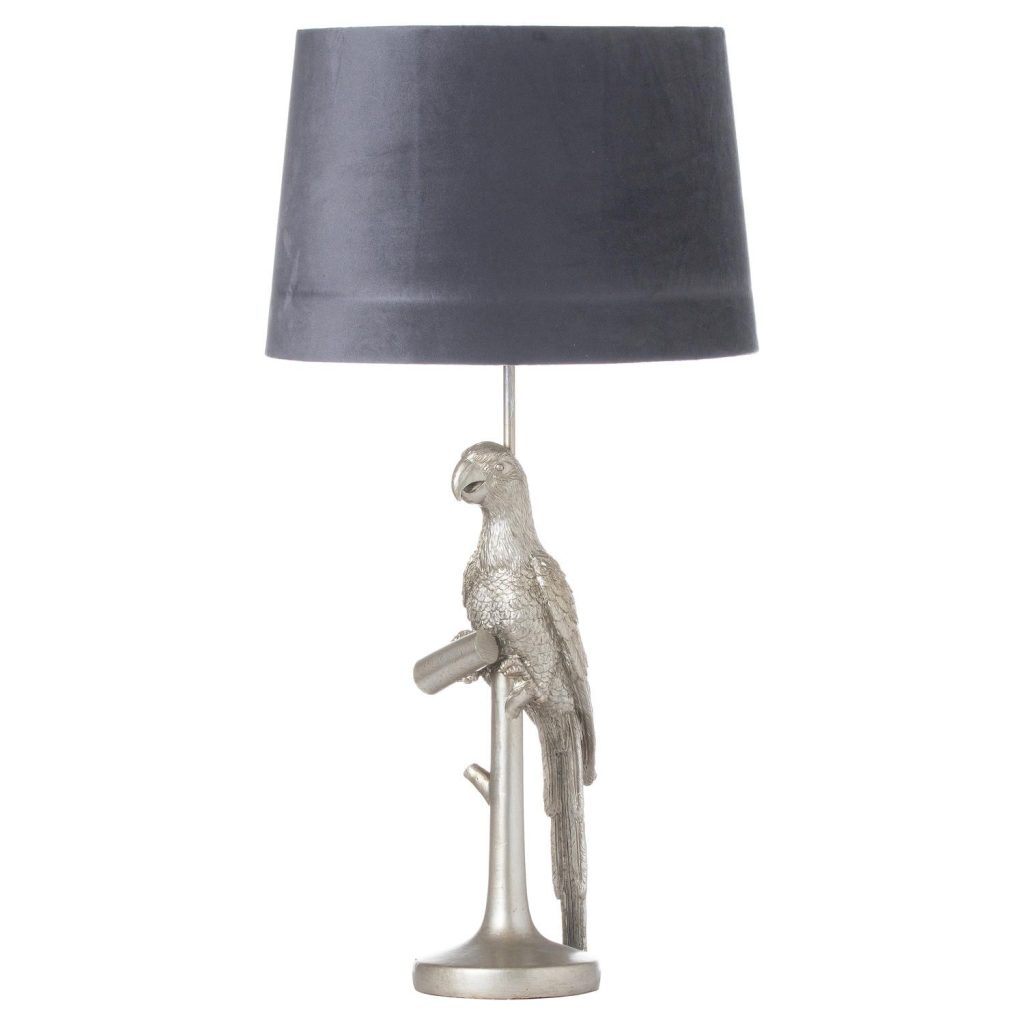 Silver Parrot Table Lamp With Grey Velvet Shade