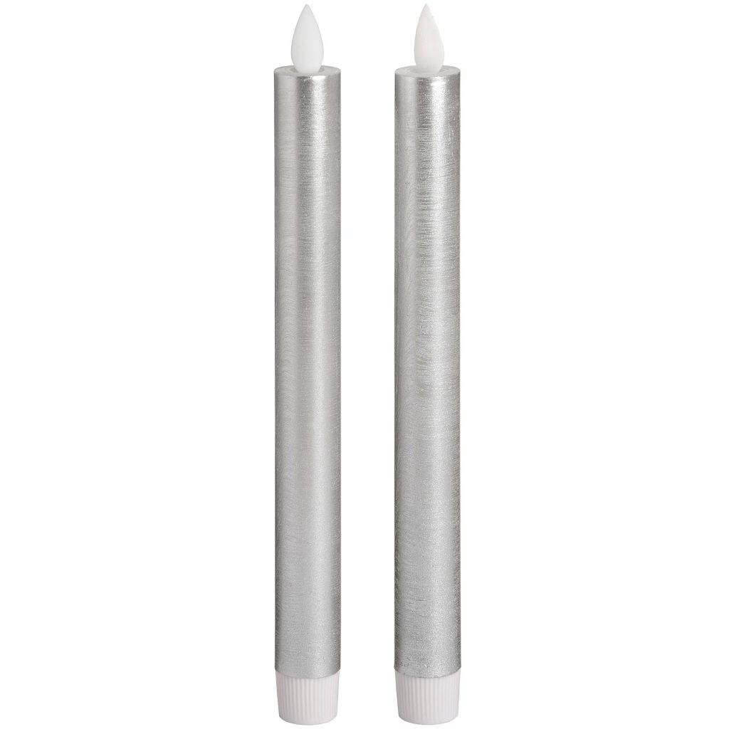 Silver Flickering Led Wax Dinner Candles 22cm