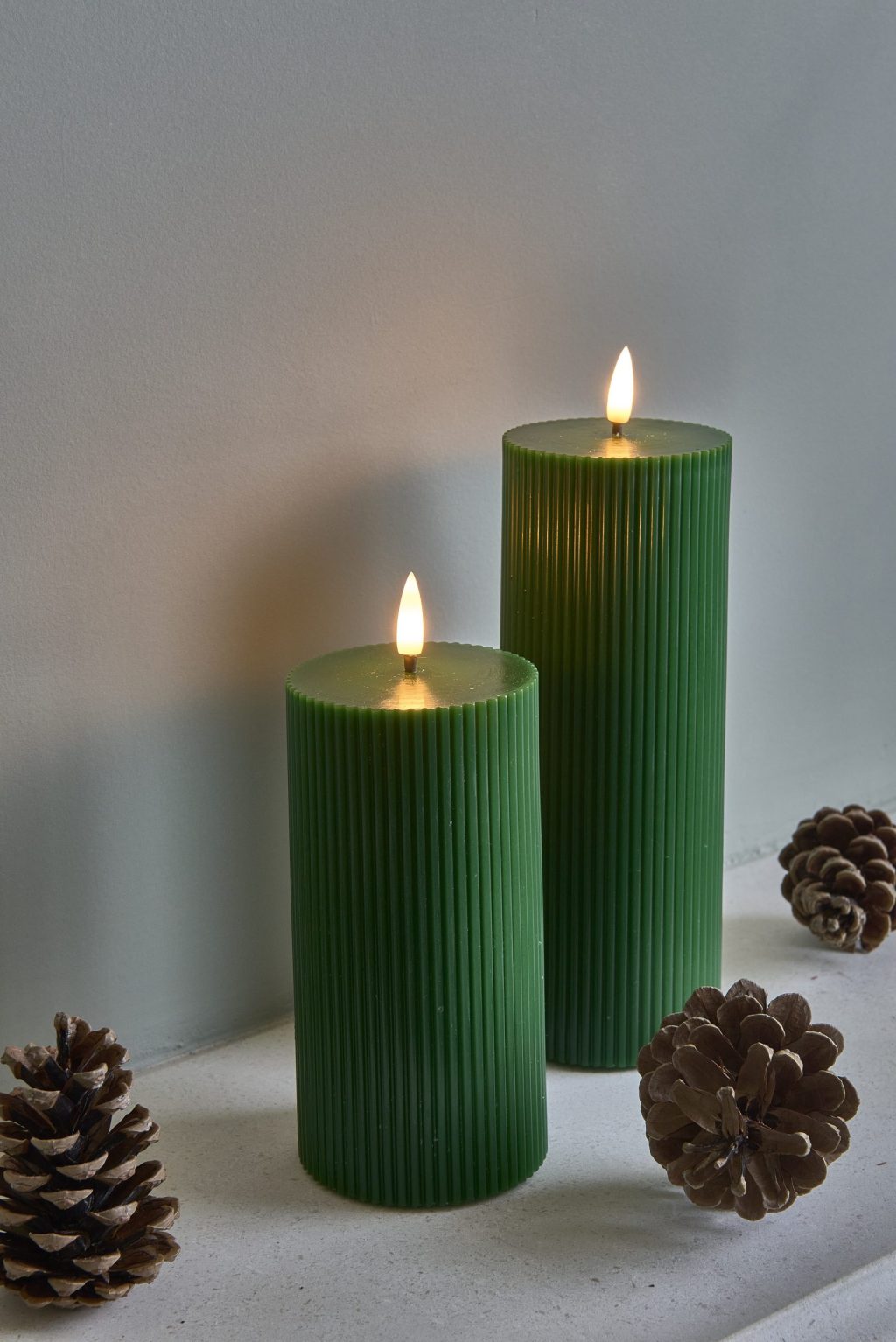 Ribbed Pillar Led Candles Green Set Of Two